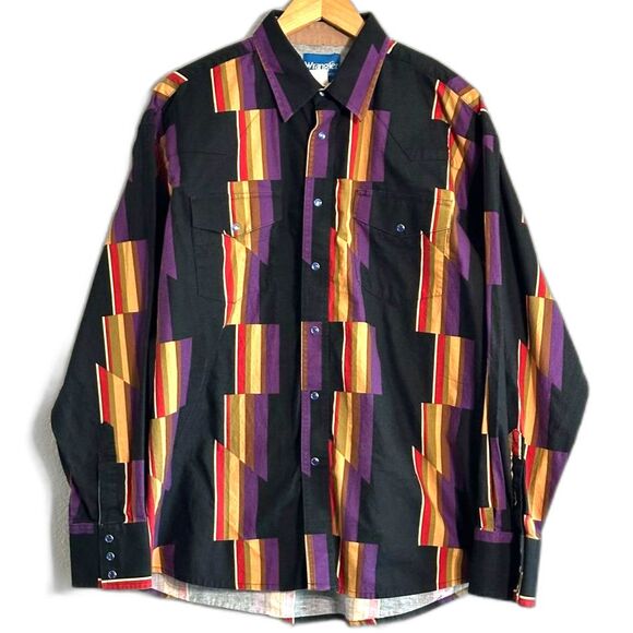 90's Vtg Wrangler Pearlsnap Shirt Button Up BrushPopper Western Aztec Striped - Picture 1 of 5